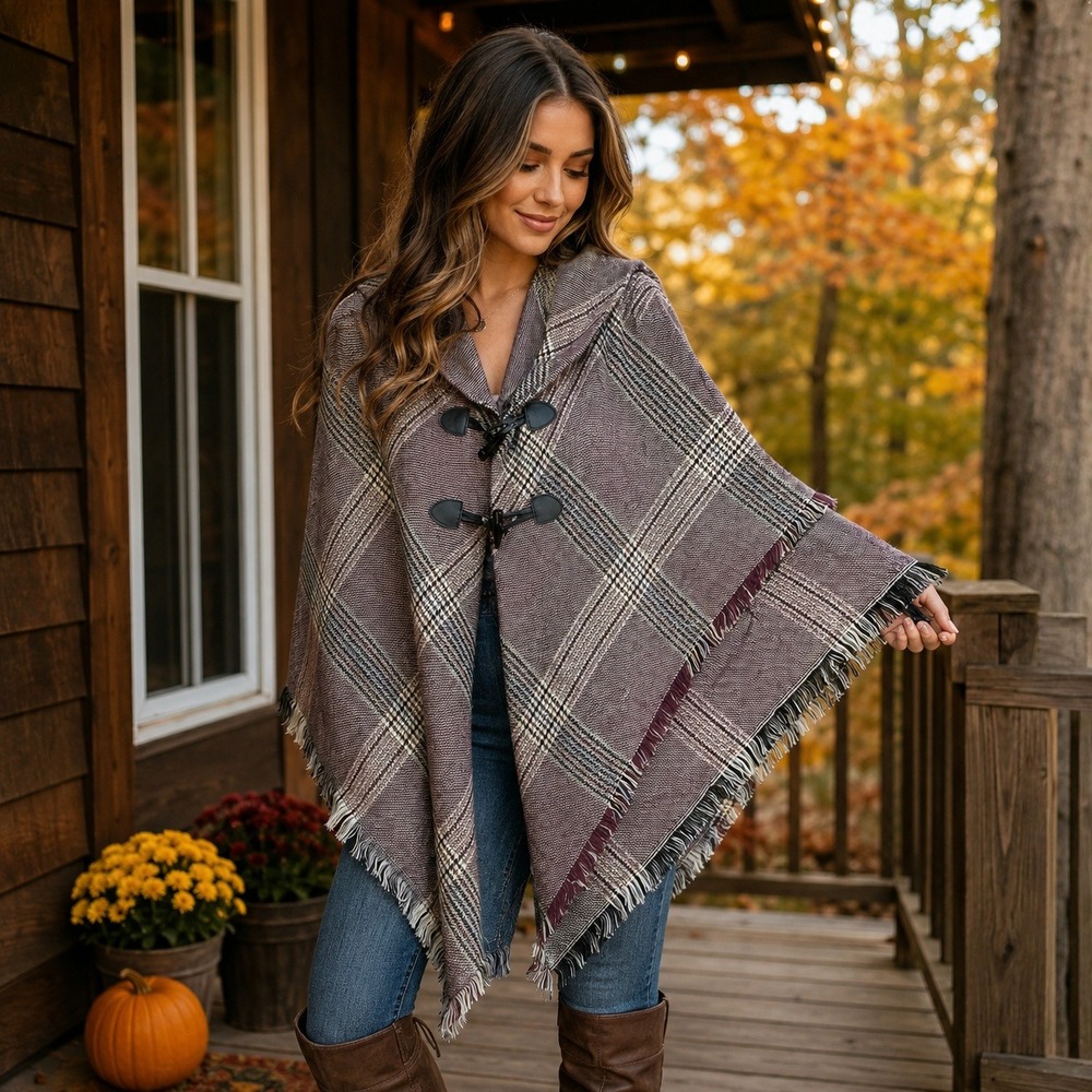Altare Plaid Toggle Poncho Wrap Burgundy Cream Fringed One Size